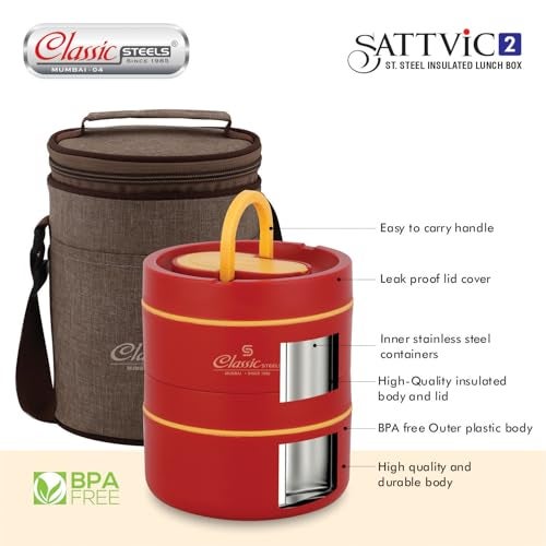 Classic Steels Sattvic Insulated Stainless Steel Lunch Box Container, 550 ml & 1 Container 350 ml, 1 Spoon | Microwave Safe | Leak Proof Air Tight Lunch Box| Keep Your Meal Fresh and Hot Upto 4 Hours - Image 4