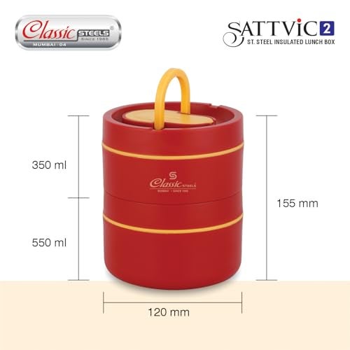 Classic Steels Sattvic Insulated Stainless Steel Lunch Box Container, 550 ml & 1 Container 350 ml, 1 Spoon | Microwave Safe | Leak Proof Air Tight Lunch Box| Keep Your Meal Fresh and Hot Upto 4 Hours - Image 5