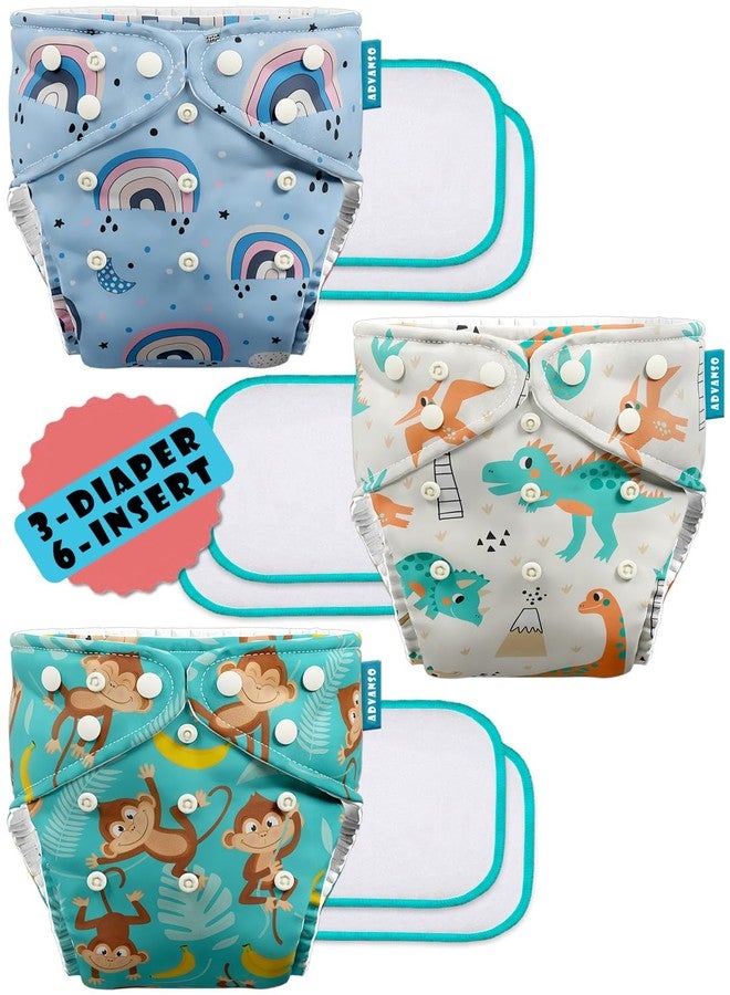 Advanso Leakage Proof cloth diapers for babies, high absorbent 3 reusable diaper 6 insert pad combo pack washable cloth diaper free size 5-18kg adjustable pocket cover P71 - Image 1
