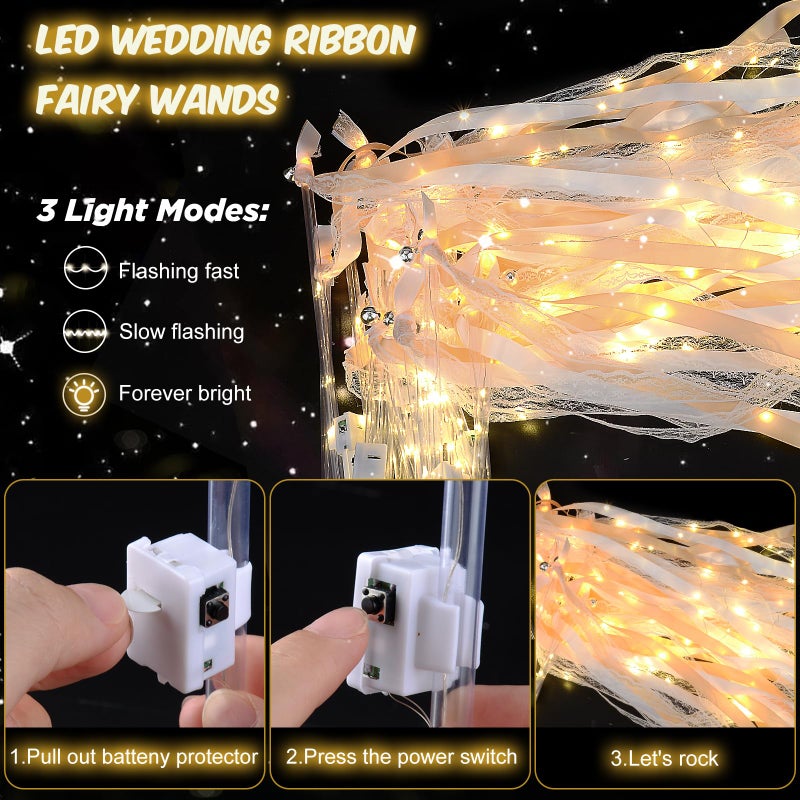 HONLYNE 58 PCS Wedding Wands with Lights,Fairy Wands, LED Silk Fairy Wand with Bells for Wedding Send Off, New Year, Raves, Concert, Birthday - Image 3