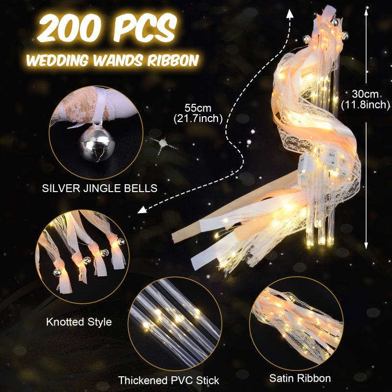 HONLYNE 58 PCS Wedding Wands with Lights,Fairy Wands, LED Silk Fairy Wand with Bells for Wedding Send Off, New Year, Raves, Concert, Birthday - Image 2