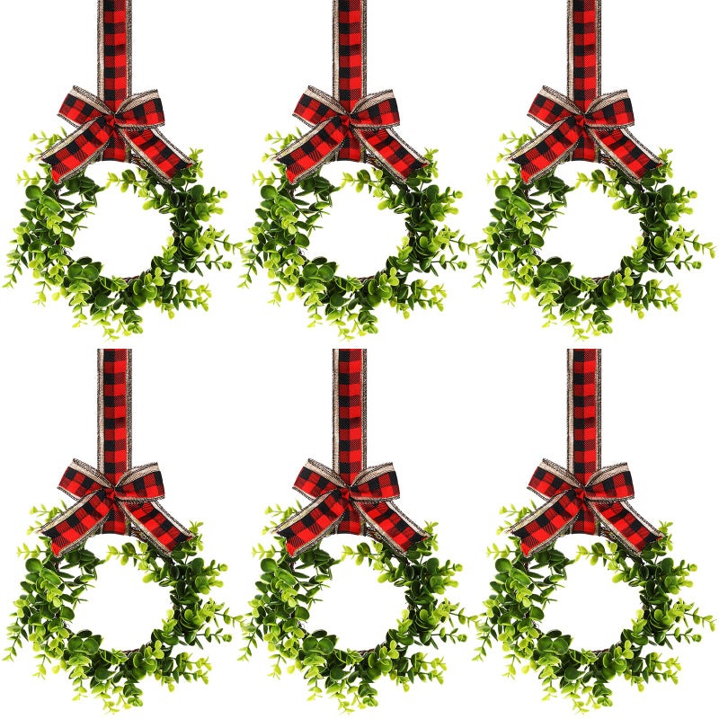 Yilloog 6 Pcs Small Christmas Wreaths for Kitchen Cabinet 9 Mini Christmas Artificial Boxwood Wreaths with Ribbon Bow Xmas Party Decor for Front Door Window Wall Farmhouse Fireplace Hanging