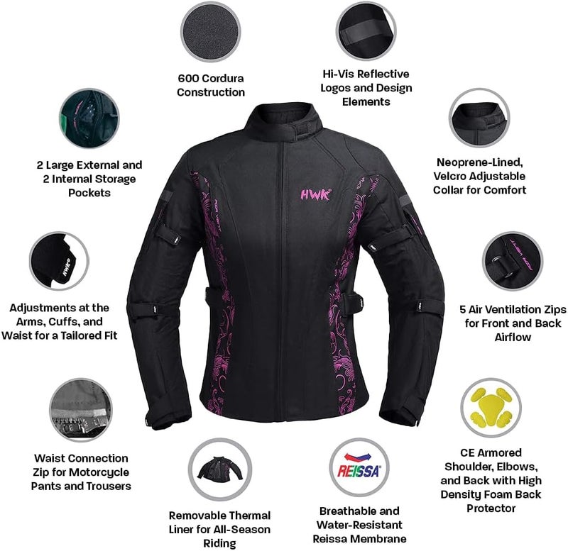 HWK Women's Motorcycle Jacket - Waterproof, CE Armored, Black/Pink, X-Large - Image 4