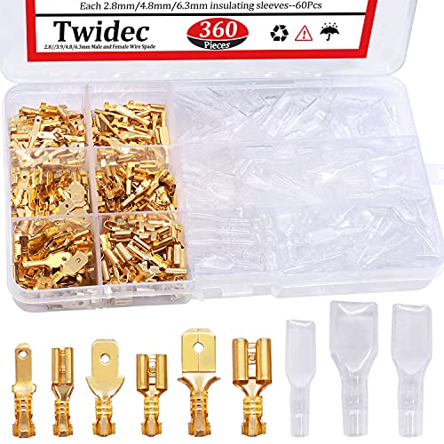 Twidec/360Pcs 2.8/4.8/6.3mm Quick Splice Male and Female Wire Spade Connector Crimp Terminal Block Assortment Kit Golden with Insulating Sleeve for Electrical Wiring Car Audio Speaker N-002 - Image 1