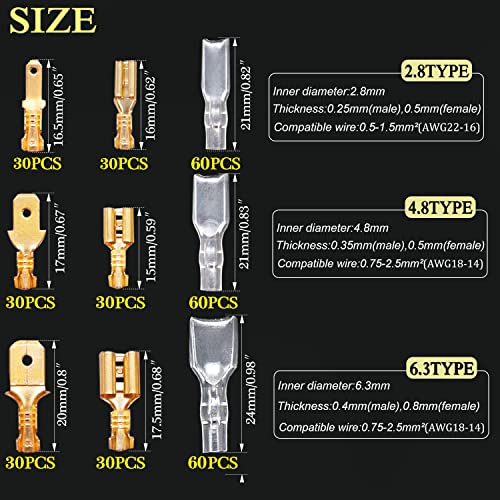 Twidec/360Pcs 2.8/4.8/6.3mm Quick Splice Male and Female Wire Spade Connector Crimp Terminal Block Assortment Kit Golden with Insulating Sleeve for Electrical Wiring Car Audio Speaker N-002 - Image 2