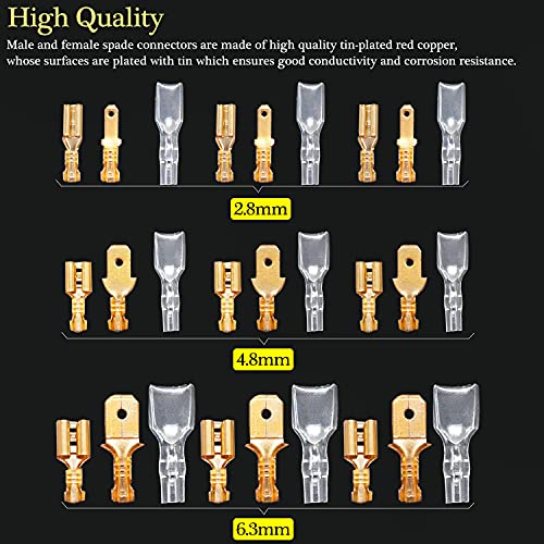 Twidec/360Pcs 2.8/4.8/6.3mm Quick Splice Male and Female Wire Spade Connector Crimp Terminal Block Assortment Kit Golden with Insulating Sleeve for Electrical Wiring Car Audio Speaker N-002 - Image 3