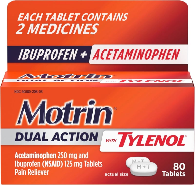 Motrin Dual Action with Tylenol, Fast-Acting Dual Action Pain Reliever with Ibuprofen & Acetaminophen for Minor Aches & Pains, Ibuprofen (NSAID) 125 mg & Acetaminophen 250 mg, 80 ct