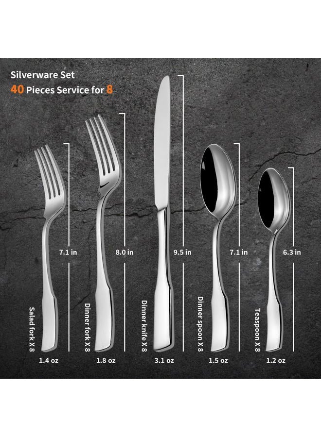 Alata Kate 40-Piece Silverware Set,Service for 8,Stainless Steel Flatware Set,Mirror Polished Cutlery Set,Dishwasher Safe - Image 5
