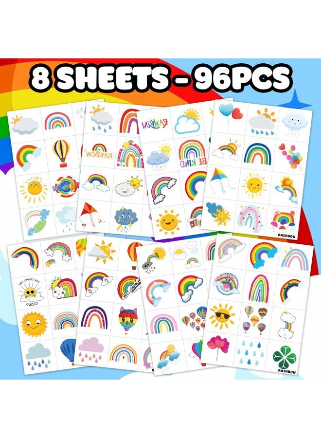 8 Sheets (96PCS) Rainbow Temporary Tattoos Theme Birthday Party Decorations Supplies Party Favors Decor Tattoo Stickers For Kids Girls Boys Gifts Classroom School Prizes Rewards - Image 3