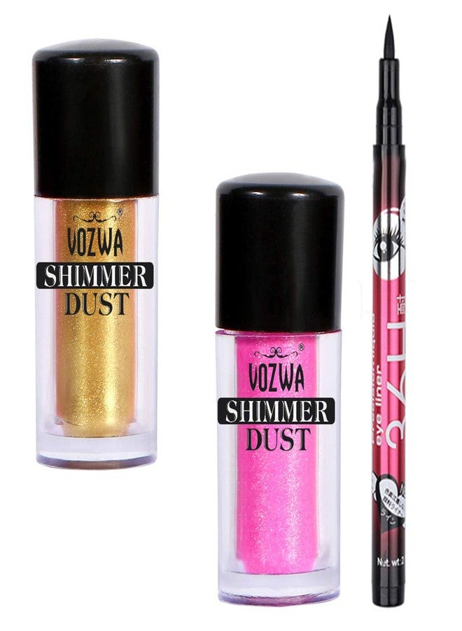 Vozwa Shimmer Pigment Eyeshadow Dust (Golden + Pink) with Black Eyeliner - Image 2
