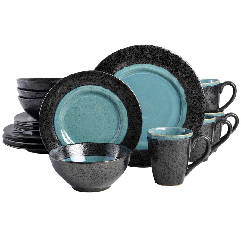 Gibson Elite Dragonstone Round Reactive Glaze Stoneware Dinnerware Set Service for Four 16pcs Aqua