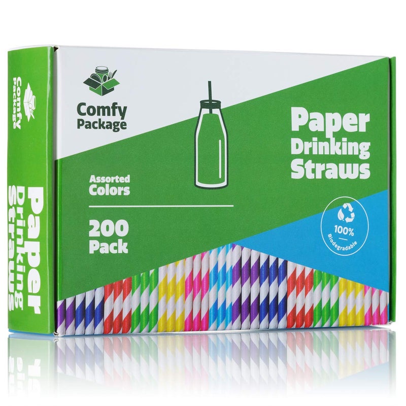 Gusto Comfy Package [200 Pack] Striped Paper Drinking Straws - Sturdy & Non-Soggy - 100% Biodegradable  Food-Safe Ink  and Multi-Layered for Long-Lasting Use - Vibrant Assorted Colors - Image 2