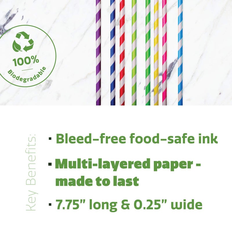 Gusto Comfy Package [200 Pack] Striped Paper Drinking Straws - Sturdy & Non-Soggy - 100% Biodegradable  Food-Safe Ink  and Multi-Layered for Long-Lasting Use - Vibrant Assorted Colors - Image 4