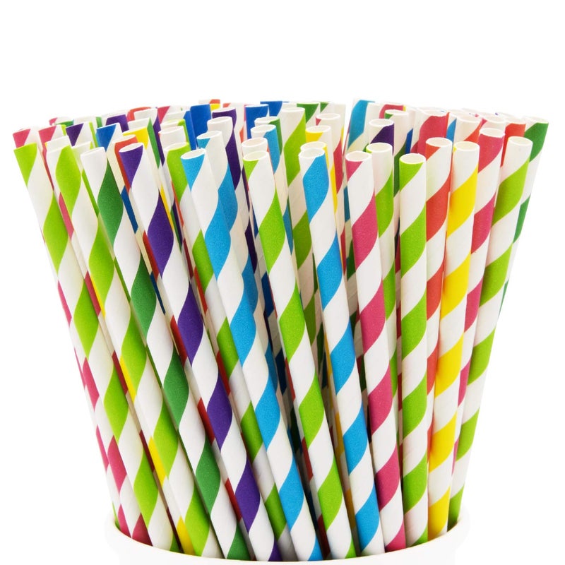 Gusto Comfy Package [200 Pack] Striped Paper Drinking Straws - Sturdy & Non-Soggy - 100% Biodegradable  Food-Safe Ink  and Multi-Layered for Long-Lasting Use - Vibrant Assorted Colors - Image 1