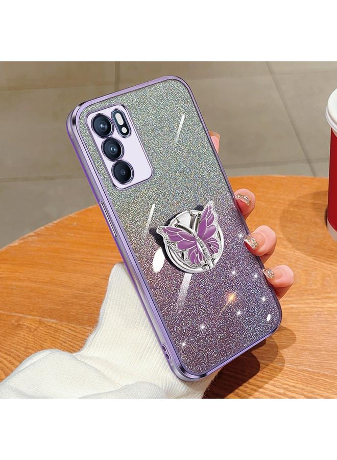 The Bros Case For OPPO Reno6 5G Plated Gradient Glitter Butterfly Holder TPU Phone Case