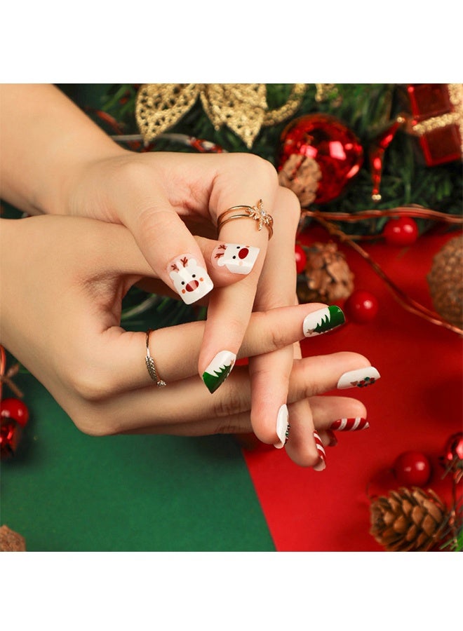 أظافر صناعية لعيد الميلاد قصيرة مربعة مع تصميم ندفة الثلج، ألوان الأحمر والأبيض والأخضر، مزينة بتصميم شجرة عيد الميلاد ورجل الثلج وحيوان المووس وأحجار الراين، تصميم شتوي لعيد الميلاد، أظافر كاملة مع غراء - 24 قطعة - Image 5