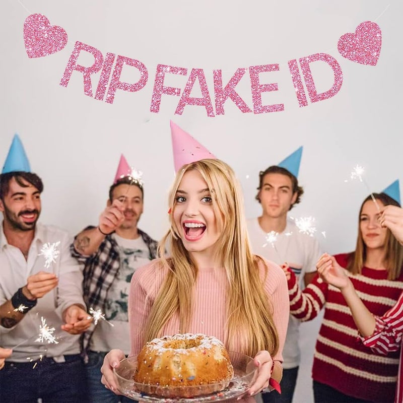 BEISHIDA 21st Birthday Decorations for Her Happy 21st Birthday Banner -NO DIY, Pink Glitter RIP FAKE ID Banner Sign for Backdrop Funny Party Supplies for Him Her Girl - Image 4
