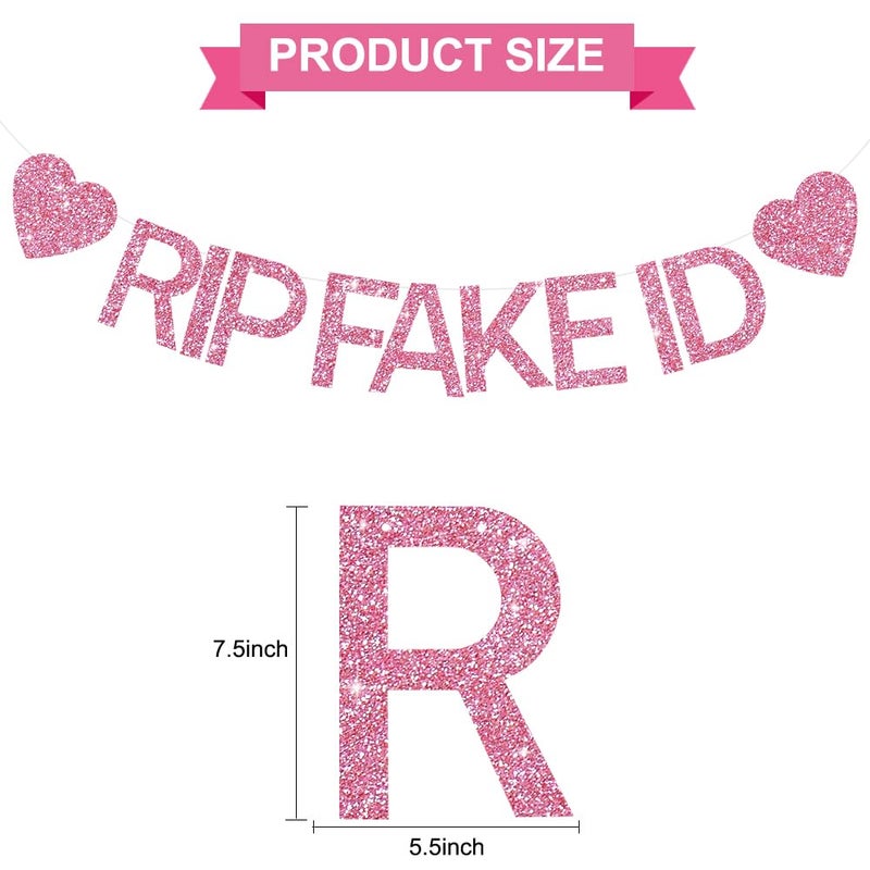 BEISHIDA 21st Birthday Decorations for Her Happy 21st Birthday Banner -NO DIY, Pink Glitter RIP FAKE ID Banner Sign for Backdrop Funny Party Supplies for Him Her Girl - Image 2
