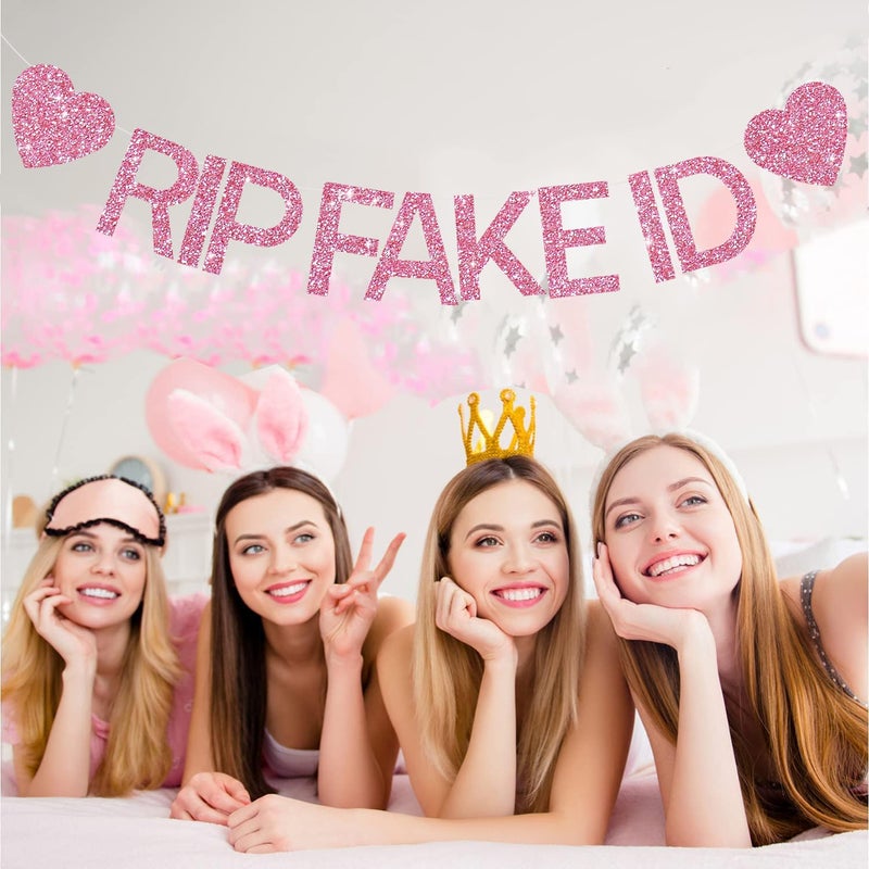 BEISHIDA 21st Birthday Decorations for Her Happy 21st Birthday Banner -NO DIY, Pink Glitter RIP FAKE ID Banner Sign for Backdrop Funny Party Supplies for Him Her Girl - Image 5