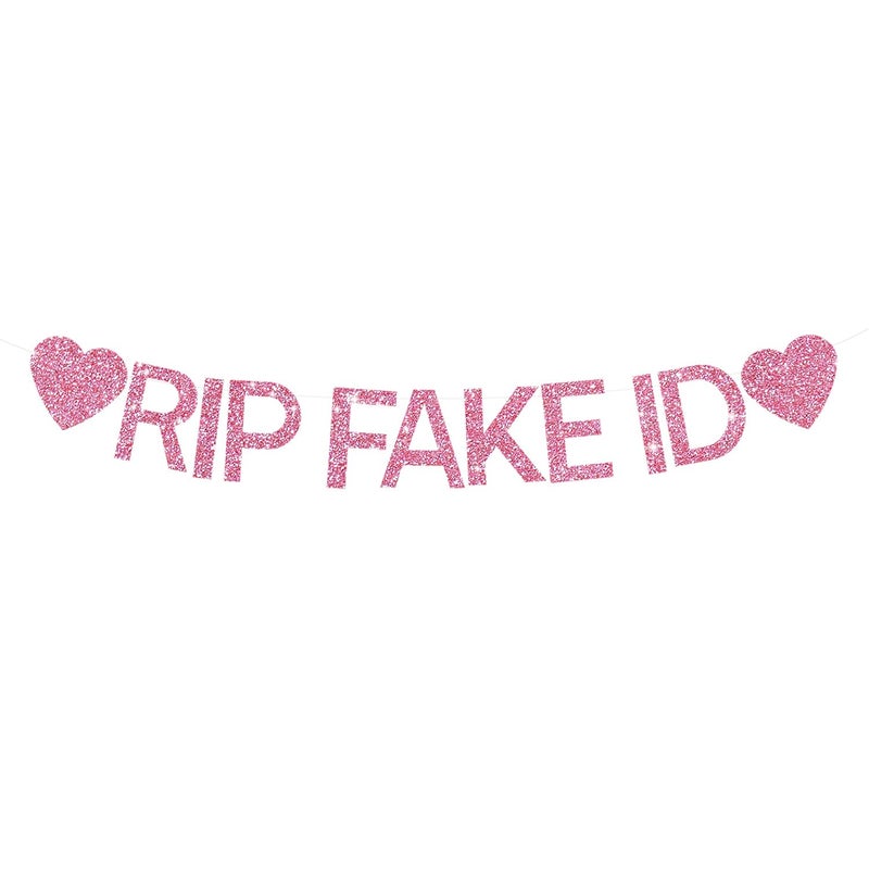BEISHIDA 21st Birthday Decorations for Her Happy 21st Birthday Banner -NO DIY, Pink Glitter RIP FAKE ID Banner Sign for Backdrop Funny Party Supplies for Him Her Girl - Image 1
