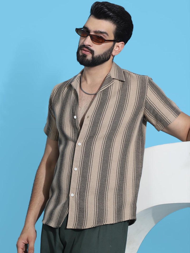Indian Needle Beige Striped Half Sleeve Cotton Shirt for Men. (Beige, S) - Image 5