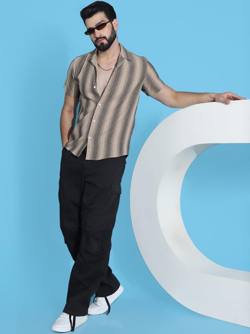 Indian Needle Beige Striped Half Sleeve Cotton Shirt for Men. (Beige, S) - Image 4