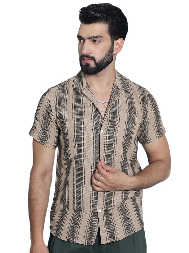 Indian Needle Beige Striped Half Sleeve Cotton Shirt for Men. (Beige, S) - Image 1
