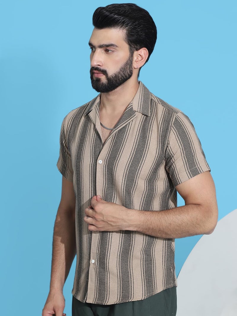 Indian Needle Beige Striped Half Sleeve Cotton Shirt for Men. (Beige, S) - Image 3