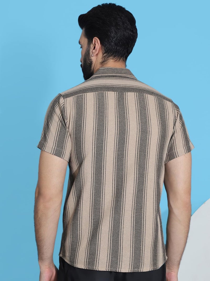 Indian Needle Beige Striped Half Sleeve Cotton Shirt for Men. (Beige, S) - Image 2