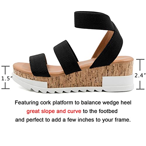 Athlefit Women's Casual Cork Platform Wedge Sandals Open Toe Elastic Ankle Strap Flatform Sandals for Summer, Black, Size 8.5, AD00102 - Image 4