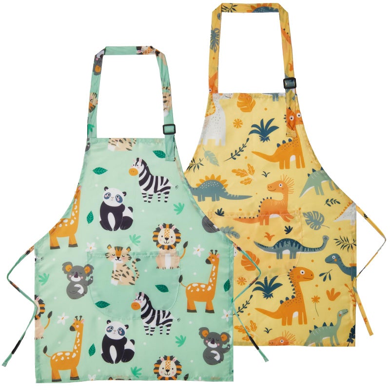 Lictin 2 Pack Kids Apron for Girls Boys Animals Aprons for Cooking, Waterproof Art Apron with Pockets for Kids Painting Cooking Baking (4-12 Years) - Image 1