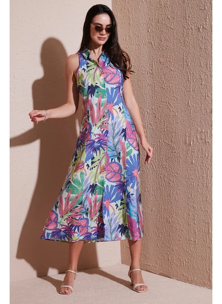 ليلا Patterned Slim Fit Buttoned Midi Length Shirt Dress Women's Dress 6772451