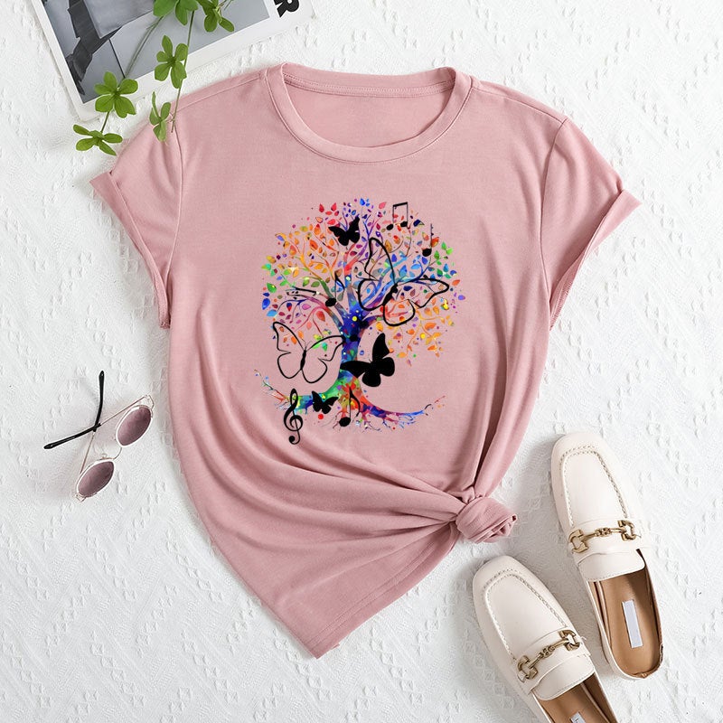 2025 Export Womens Independent Station Tem Clothing Cross-Border E-Commerce Ebay Amazon Tree Printed Polyester T-Shirt Lotus color 