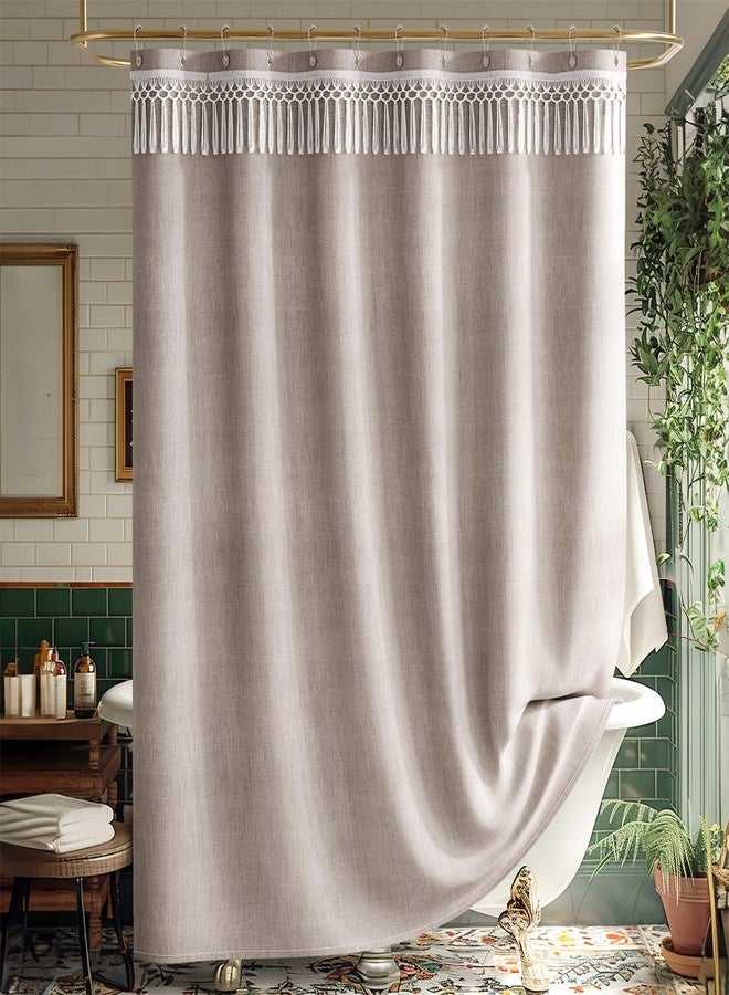 AmazerBath Tan Shower Curtain Boho, Taupe Boho Farmhouse Shower Curtain with Tassels, Faux Linen Fabric, Water-Repellent Neutral Fabric with Hooks, 72x72 Inches - Image 1