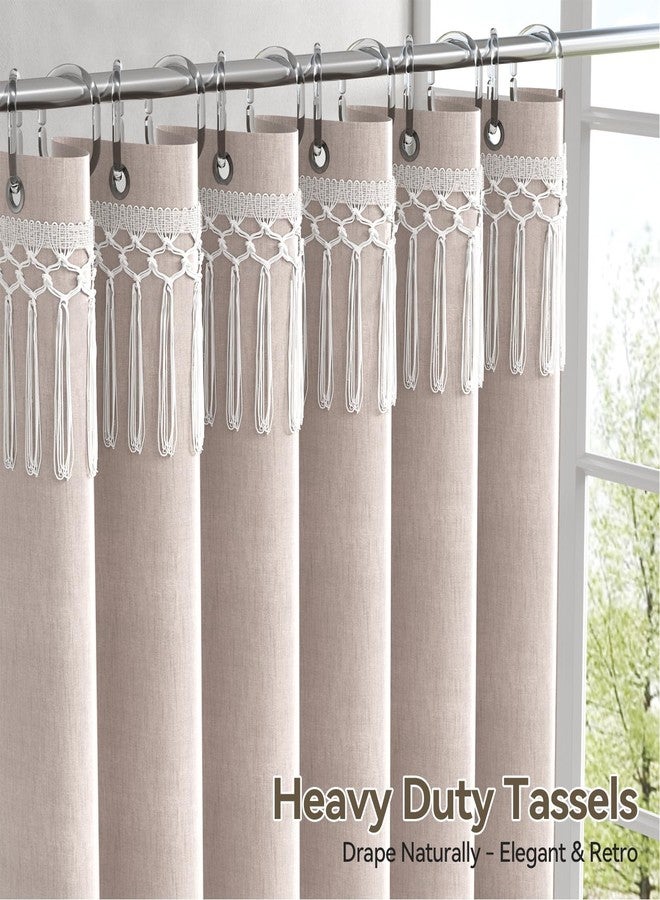 AmazerBath Tan Shower Curtain Boho, Taupe Boho Farmhouse Shower Curtain with Tassels, Faux Linen Fabric, Water-Repellent Neutral Fabric with Hooks, 72x72 Inches - Image 2
