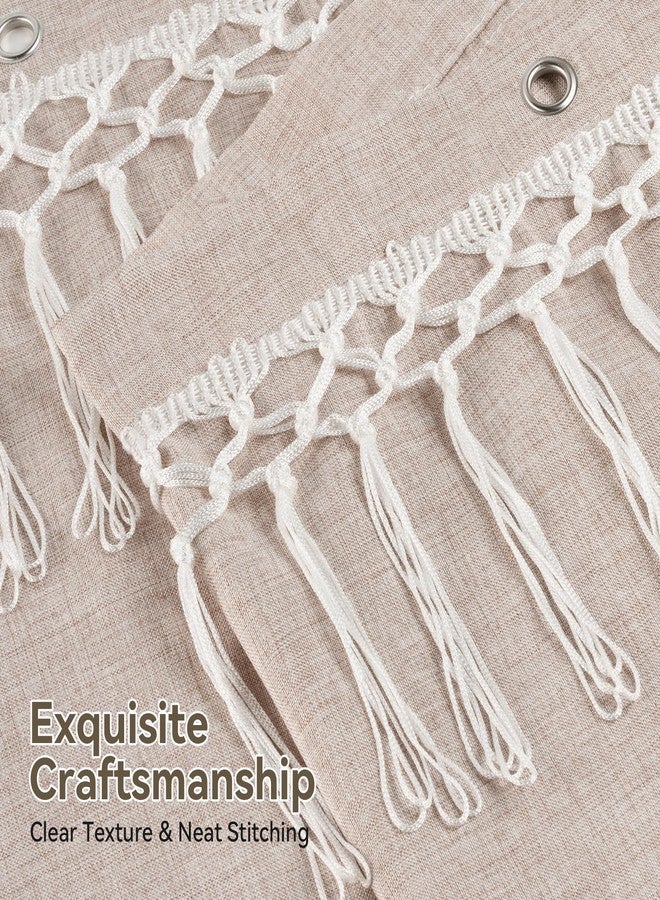 AmazerBath Tan Shower Curtain Boho, Taupe Boho Farmhouse Shower Curtain with Tassels, Faux Linen Fabric, Water-Repellent Neutral Fabric with Hooks, 72x72 Inches - Image 3