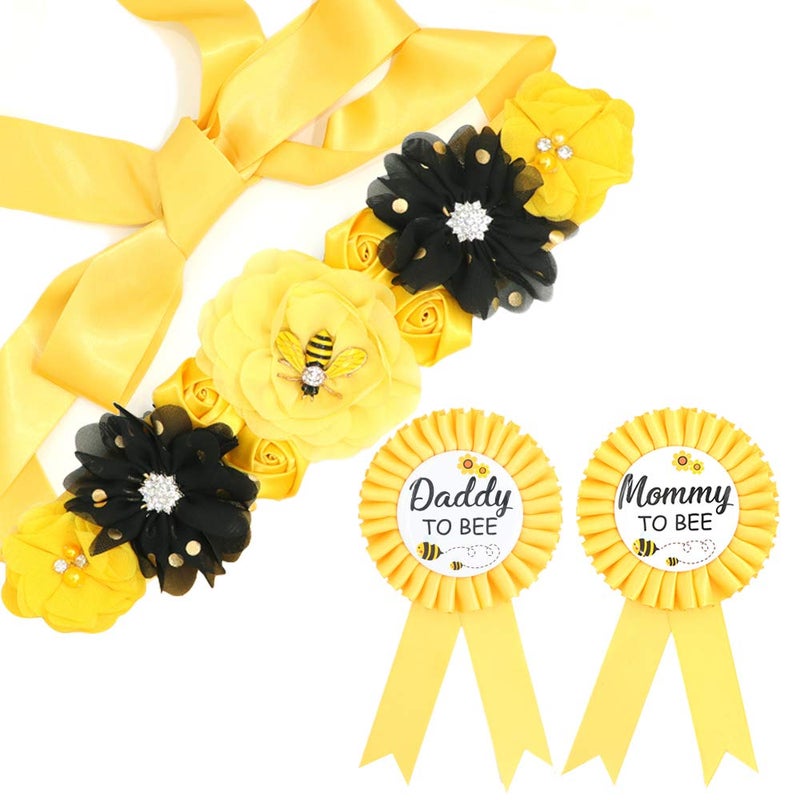 TTCOROCK Yellow Maternity Sash & Mommy Daddy Corsage Set - What will Baby Bee Baby Shower Mommy Sash Pregnancy Sash Keepsake Baby Shower Flower Belly Belt - Image 1