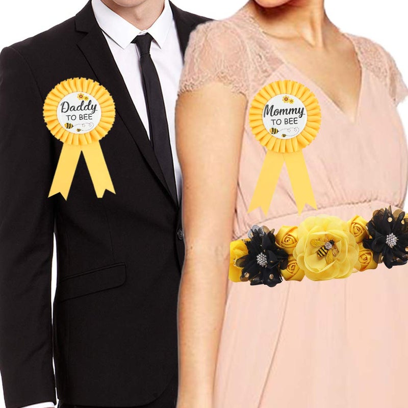 TTCOROCK Yellow Maternity Sash & Mommy Daddy Corsage Set - What will Baby Bee Baby Shower Mommy Sash Pregnancy Sash Keepsake Baby Shower Flower Belly Belt - Image 2