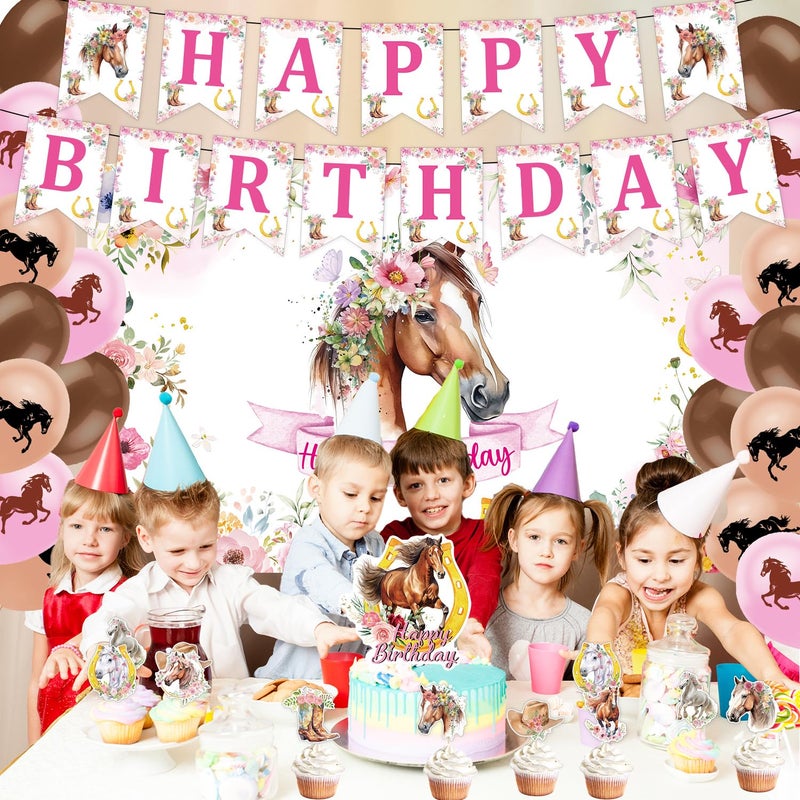 Rngmsi Horse Birthday Decorations Kit For Girls - 39Pcs Horse Party Banners With Racing Horse Balloons Decoration Horse Backdrop Decor Horse Themed Cake Cupcake Toppers Party Supplies - Image 5