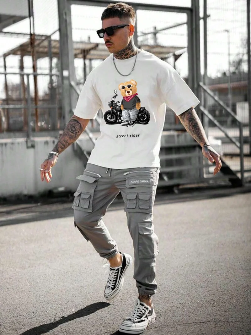 دوغ فش Men's Printed White Crew Neck Oversize Teddy Salas T-Shirt