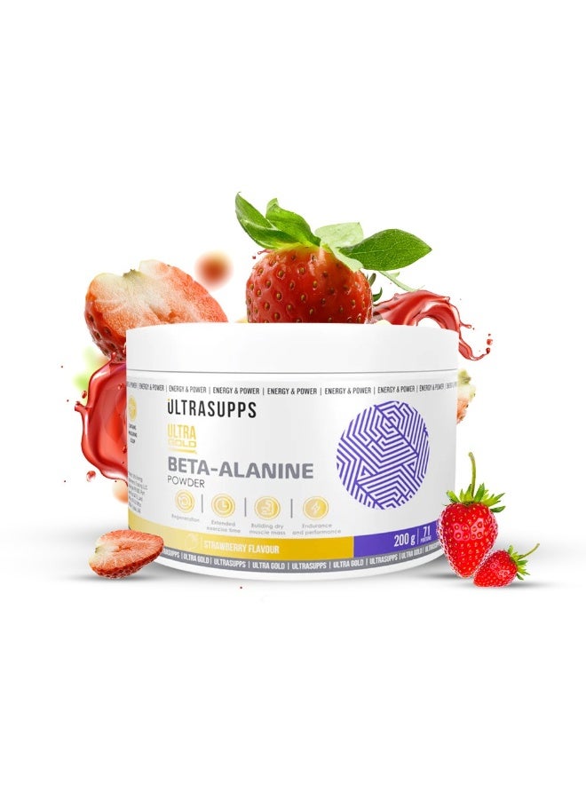 ULTRASUPPS Ultra Gold Beta-Alanine | 2.4g Pure Beta Alanine Powder for Stamina & Endurance | Carnosine Booster for Pre-Workout | Strawberry Flavor | 200g | Non-GMO | No Preservatives or Aspartame