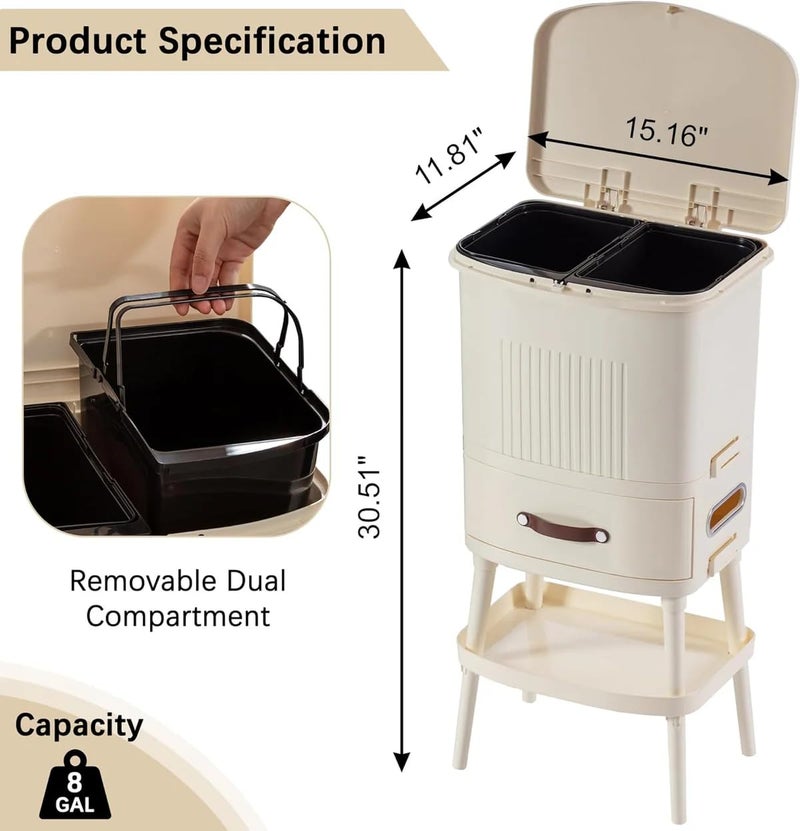 MAPPLE CREATION 8 Gal Kitchen Trash Can with Lid LargeCapacity DoubleLayer Sorting Trash Bin with Removable Inner Bucket Vertical Trash Can with DrawerTissue Holder Waste Container with Leg - Image 3