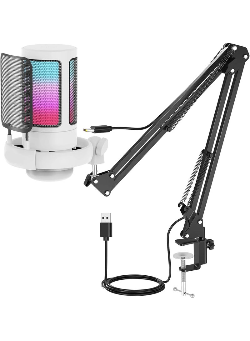 ميكروفون مكثف USB بتقنية RGB مخصص للألعاب الإلكترونية وتسجيل المكالمات، مزود بحامل معدني قابل للتمديد، وميكروفون مكتبي للتسجيل في الاستوديو - Image 1