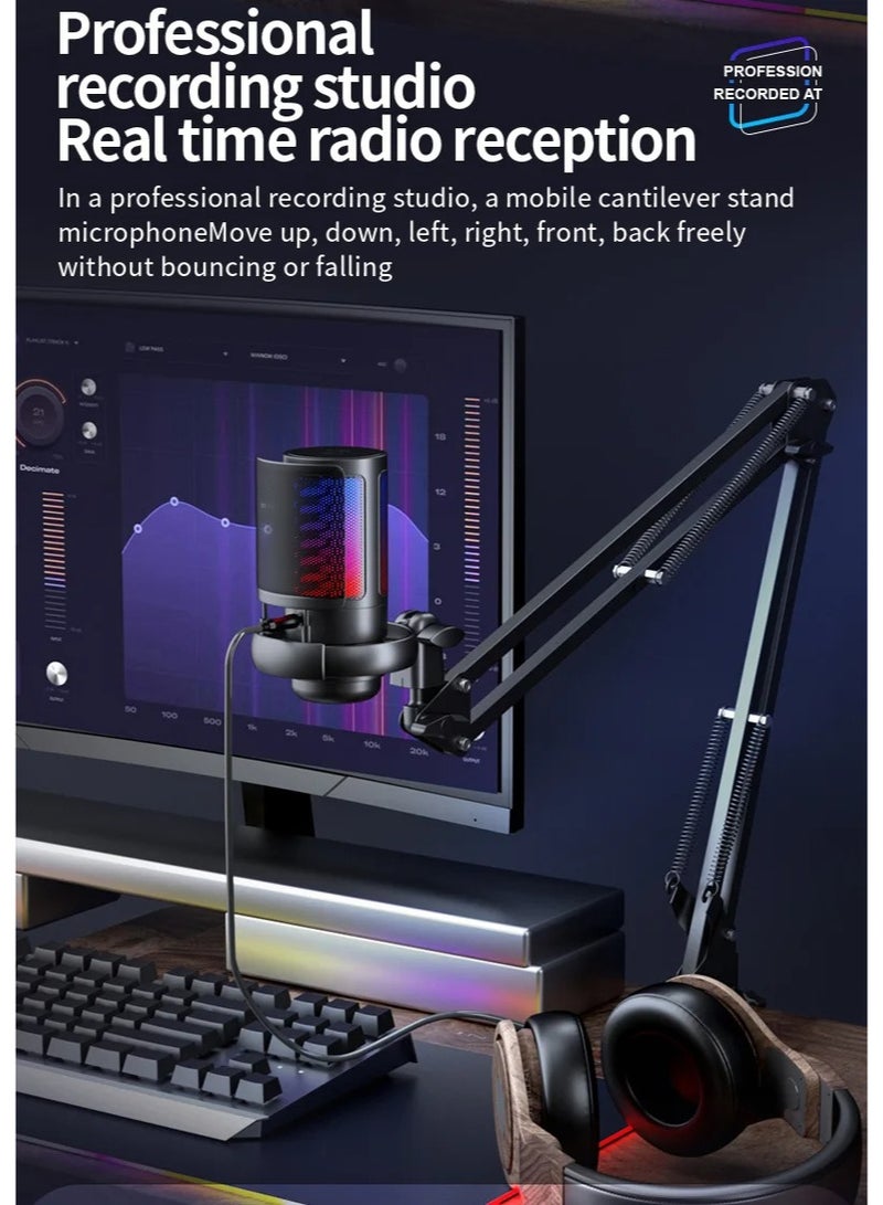 ميكروفون مكثف USB بتقنية RGB مخصص للألعاب الإلكترونية وتسجيل المكالمات، مزود بحامل معدني قابل للتمديد، وميكروفون مكتبي للتسجيل في الاستوديو - Image 5