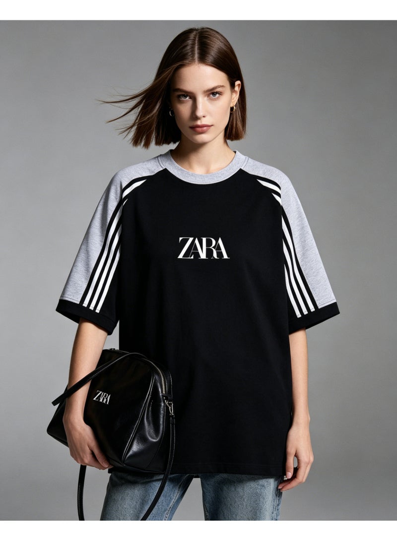 ZARA contrast shoulder-thrust three-bar short-sleeved T-shirt for men and women loose retro sports letters couple half sleeve shirt - Image 2