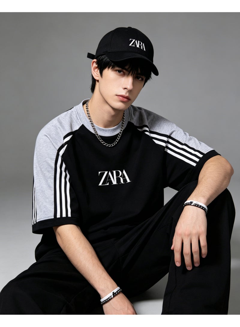 ZARA contrast shoulder-thrust three-bar short-sleeved T-shirt for men and women loose retro sports letters couple half sleeve shirt - Image 5