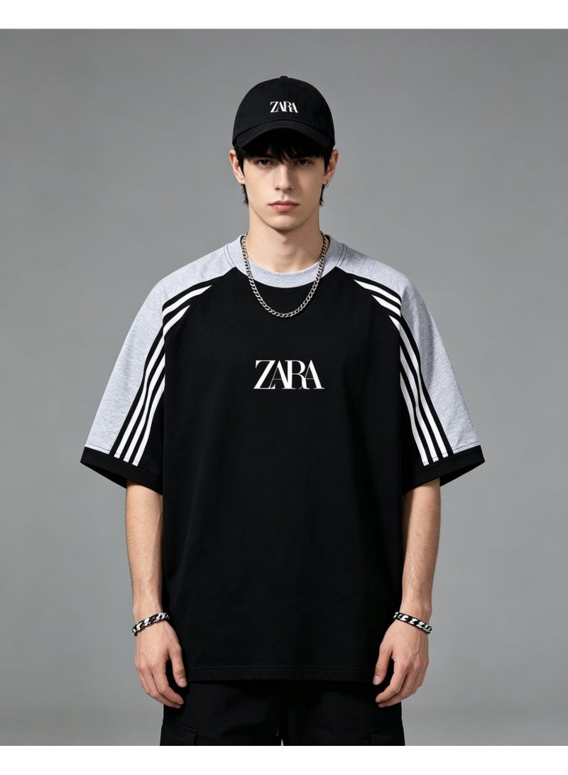 ZARA contrast shoulder-thrust three-bar short-sleeved T-shirt for men and women loose retro sports letters couple half sleeve shirt - Image 1