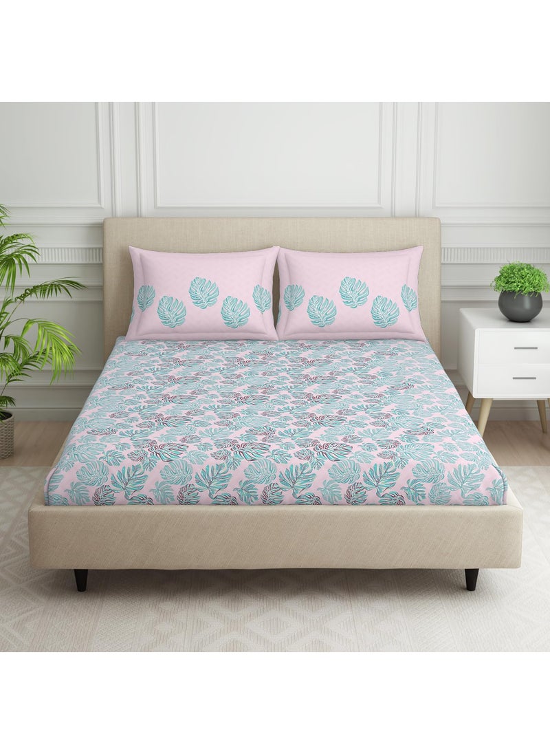 SPACES Spaces 100% Cotton Double Bedsheet with 2 Pillow Covers (Size 88 x 100 inch) | 132 TC Bed Sheet for Double Bed | Breathable Pure Cotton Queen Size Bedsheet | Tropica | Floral Pink  - Image 1
