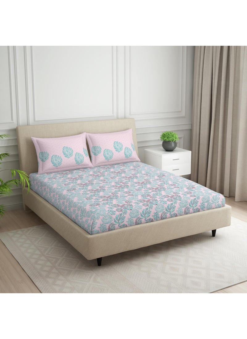 SPACES Spaces 100% Cotton Double Bedsheet with 2 Pillow Covers (Size 88 x 100 inch) | 132 TC Bed Sheet for Double Bed | Breathable Pure Cotton Queen Size Bedsheet | Tropica | Floral Pink  - Image 2