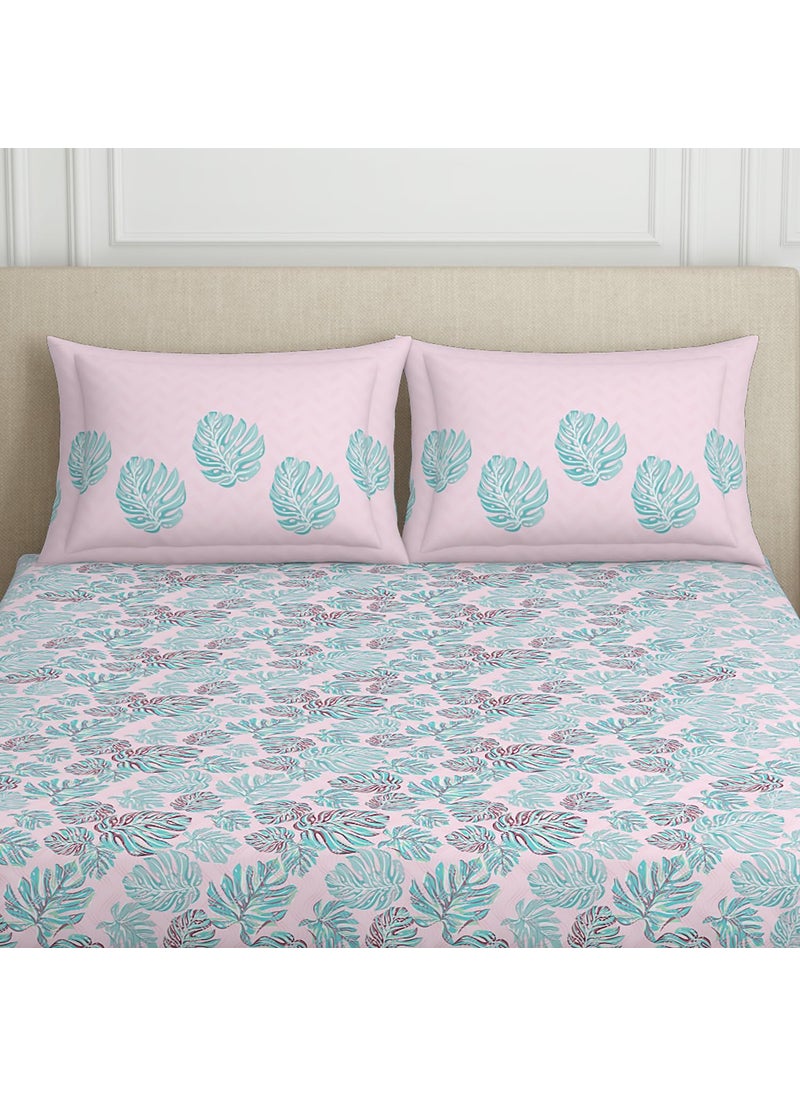 SPACES Spaces 100% Cotton Double Bedsheet with 2 Pillow Covers (Size 88 x 100 inch) | 132 TC Bed Sheet for Double Bed | Breathable Pure Cotton Queen Size Bedsheet | Tropica | Floral Pink  - Image 4